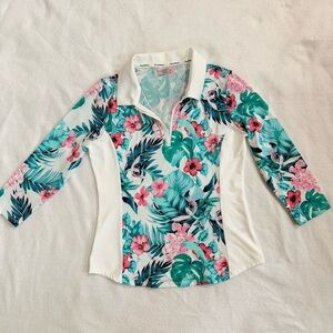 Tommy Bahama 1/4 Zip Golf & Tennis 3/4 Sleeve Top Tropical Print EUC Small​​
